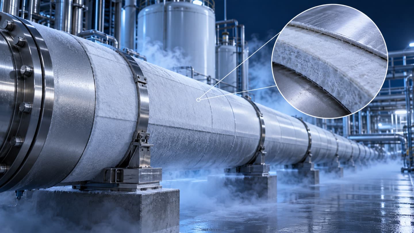 Editorial illustration of an insulated industrial pipe with an aerogel blanket layer.