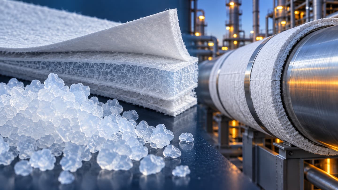Editorial illustration of silica aerogel granules and an insulation blanket cross-section.
