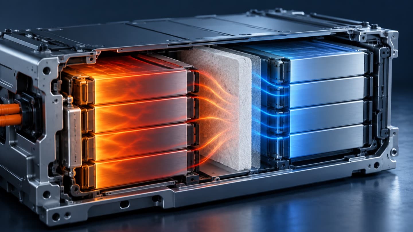 Editorial illustration for a battery thermal-barrier materials news brief.