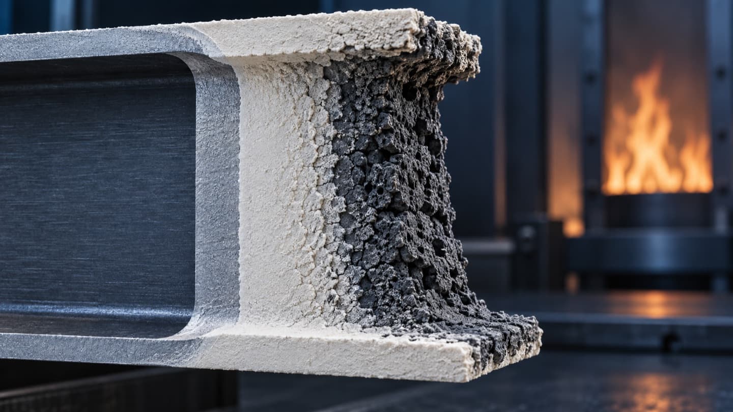 Editorial illustration for a passive fire-protection materials news brief.