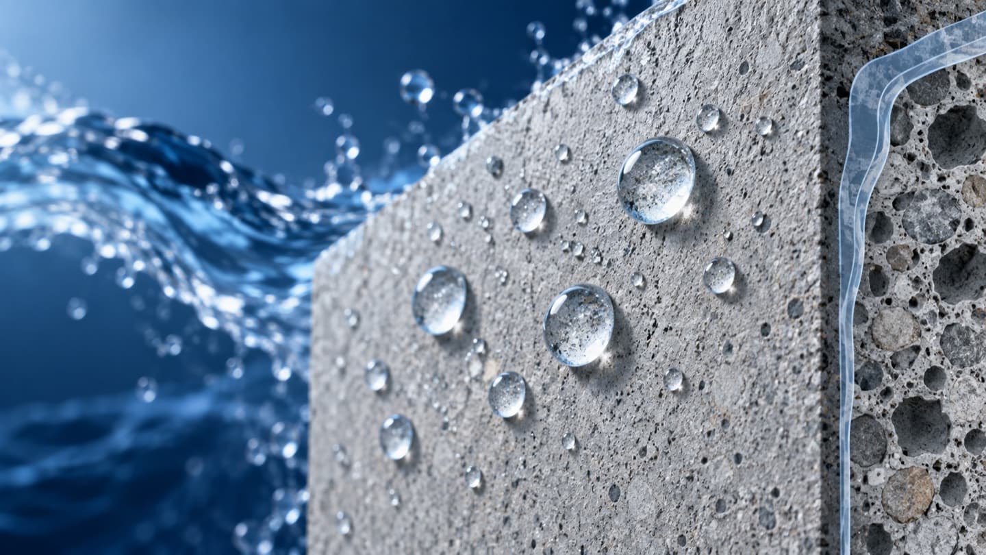 Editorial illustration of water beading on a mineral substrate.